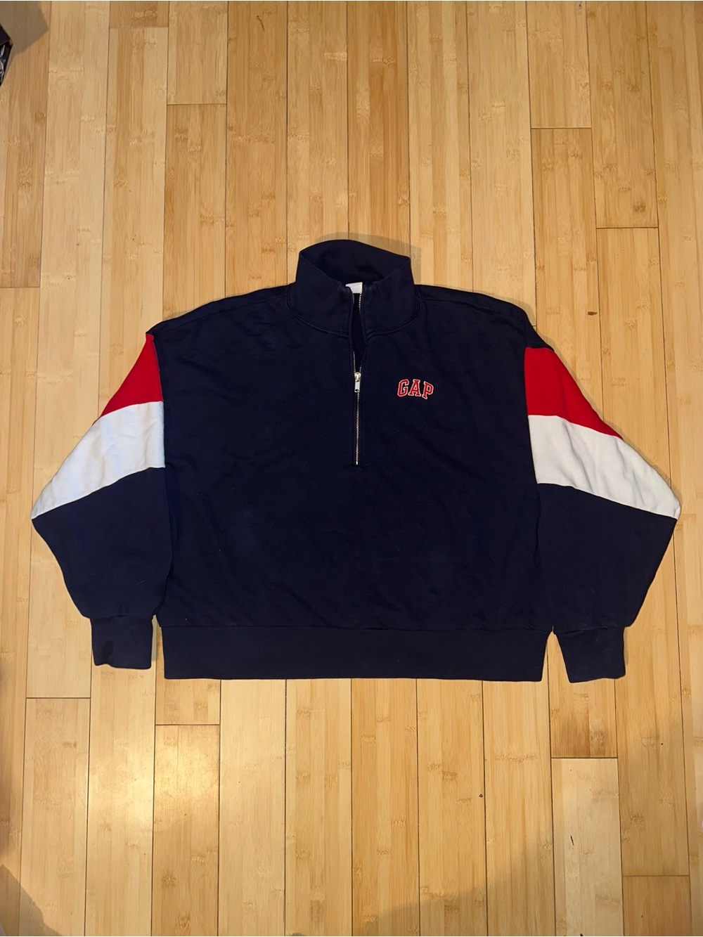 GAP Navy Half-Zip Pullover with Red & White Sleeve Panels